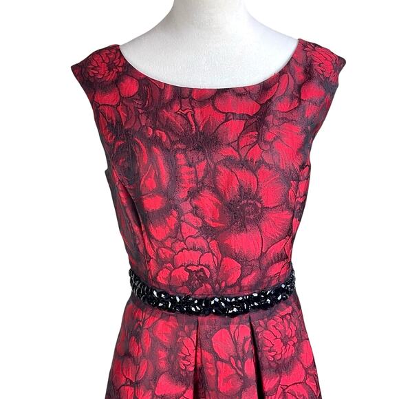 Eliza J Black Embellished Waist Red Floral Brocade Fit & Flare Cocktail Dress - Picture 6 of 12